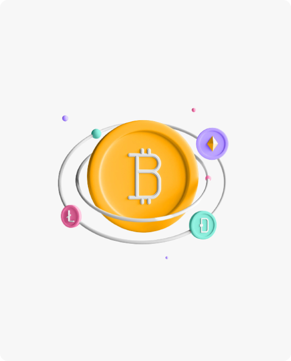 加密货币展示图，包含多种数字货币和区块链技术相关元素